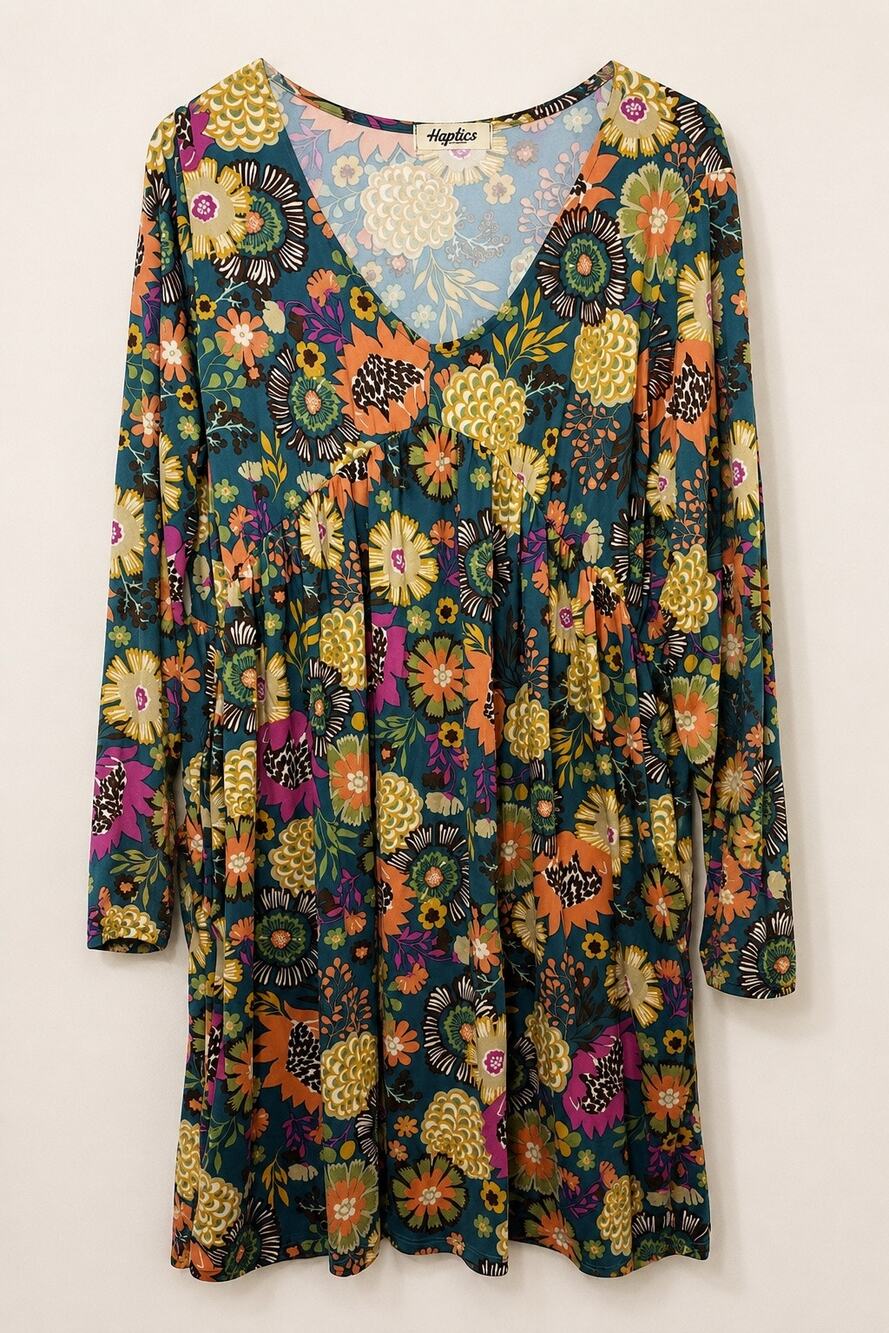 Haptics Holly Harper Floral Babydoll Dress 1X Teal Long Sleeve Boho Stretch